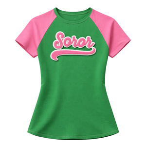 T-shirt à manches raglan vert Soror, sororité grecque, rose vert, écologique, été, collège, sœur, élégant, décontracté - Product Image 3