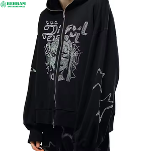 Sudadera con capucha de algodón y felpa francesa de alta calidad con diseño de pedrería personalizado y cremallera completa para uso casual, estilo urbano. - Product Image 2