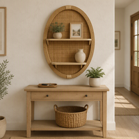 Étagère murale ovale en rotin tressé style bohème, 2 niveaux, support de présentation flottant en bois, étagère murale en rotin faite à la main pour la décoration de maison de style farmhouse