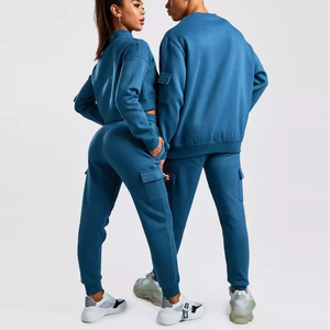Venta caliente personalizado 2 piezas conjunto Unisex Color en blanco chándal conjunto invierno pulóver Jogger conjuntos para adultos - Product Image 6