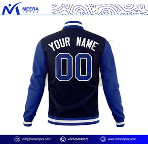 Veste universitaire pour hommes de couleur bleue unie de haute qualité OEM Logo personnalisé 100% Tissu de laine Col côtelé Veste de baseball surdimensionnée pour hommes - Product Image 4