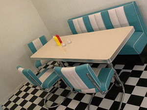 Set di Sedute per Diner Americano Retrò con <span class=keywords><strong>Tavolo</strong></span>, Arredamento per Ristorante, Caffè, Hotel e Bar in Pelle PU Rossa e Bianca - Product Image 3