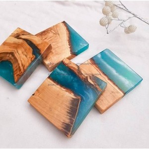 Wholesale Price Customize Square Round Epoxy Wood <b>Resin</b> Coaster with Holder Set 4 Pcs <b>Top</b> Quality For Kitchen Hotel Home Use - Product Image 3