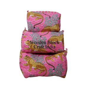 Quilted Hand Block Printed Indian Bohemian Eco-Friendly Zipper Small Makeup <b>Bag</b> <b>for</b> <b>Wash</b> Pouch 3 Pieces Cosmetic Organizer - Product Image 6
