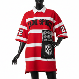 Men Rugby Style <b>Shirt</b> High GSM Cotton Pique Fabric 240 GSM <b>Red</b> <b>White</b> <b>Stripe</b> Panel With Custom Logo moisture wicking - Product Image 6