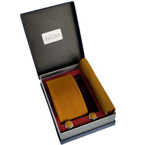 Mustard Plain Tie Pocket Square <b>Cufflink</b> Set with Tie Clip Gift PU Leather <b>Box</b> Included - Product Image 2