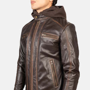 Hector Vintage Brown Genuine Leather <b>Biker</b> <b>Jacket</b> with Hood Sheep Skin and Cowhide Reversible XS Size for Autumn Season - Product Image 6