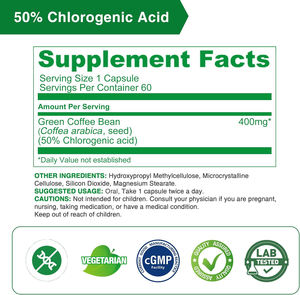 건강과 체중 관리를 위한 새로운 유기 순수 클로로겐산 Probio 녹색 커피 콩 50% 60% 클로로겐산 캡슐 - Product Image 3