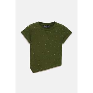 Blusa Corta Informal con Bordado de Piedras, Cuello Redondo, Manga Casquillo, Corte Asimétrico y Logotipo Frontal, 100% Algodón - Product Image 4