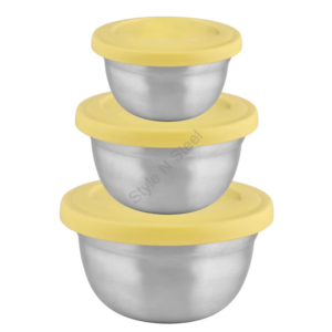 Ensemble de bols en acier inoxydable de qualité supérieure Aldi à prix de gros avec couvercles en plastique, doté d'un design classique élégant - Product Image 1