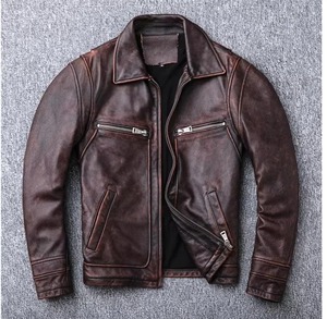 Veste en cuir de vachette marron Vintage de haute qualité pour hommes en cuir de peau de mouton véritable manteau en tissu de toile de qualité naturelle - Product Image 2