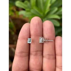 925 Silver Natural Aquamarine <b>Stud</b> <b>Earrings</b> with Emerald Cut Diamond Rose Gold and 14K/18K Gold Plated Trendy Style - Product Image 2