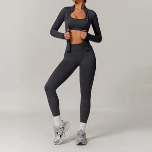 Collants de sport de plein air personnalisés de haute qualité Fitness Conjunto De Yoga Wear Leggings de yoga taille haute pour femmes veste 3 pièces Ensemble de yoga - Product Image 4