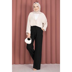 Pantalon large décontracté noir à taille haute élastique, en tissu crêpe respirant, style crayon, technique froissée, délavage coloré - Product Image 1