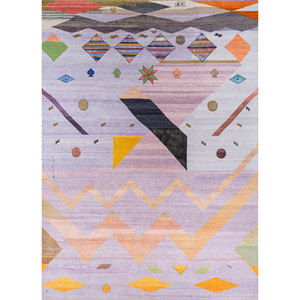 Alfombra de Lana y Seda de Bambú Anudada a Mano con Diseño Geométrico Rosa y Morado Freedom Manchaha de 9x12 Pulgadas para Decoración de Sala de Estar Juvenil - Les-8141 - Product Image 1