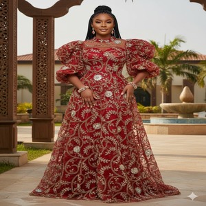 Robe de soirée noire royale en dentelle filet avec motif floral en filigrane, tenue de luxe nigériane pour occasions spéciales, 100% polyester - Product Image 1
