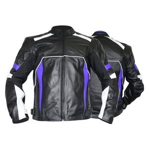 Veste de moto en cuir de vachette véritable noir de course sur route avec panneaux bleus Protections CE veste de moto pour hommes - Product Image 1