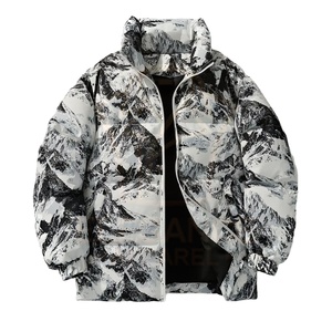 Elegante abrigo estampado en blanco y negro con cuello levantado Cierre de cremallera y bolsillos Buen proveedor Chaquetas acolchadas de diseño único - Product Image 1