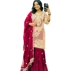 Conjunto de Kurti y Plazzo Dupatta de Tela de Seda Pura de Color Brillante Increíble, a la Moda para Fiestas de Invierno, Venta al por Mayor - Product Image 1