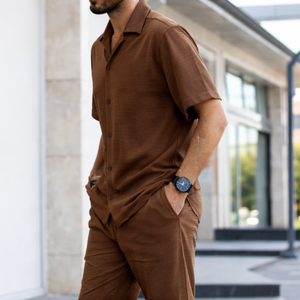 Men Button <b>Shirt</b> and Shorts Set Printed | Summer Casual Two Piece Outfit | <b>Waffle</b> Knit Matching Set - Product Image 2