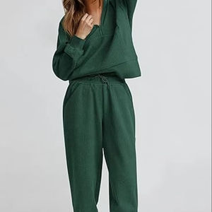 Conjunto de chándal de 2 piezas de Otoño Invierno para mujer, jersey de manga larga con media cremallera de algodón 100%, conjunto de pantalones de chándal para correr - Product Image 1