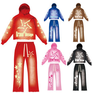 Hot Sale Custom Logo Men's Cropped <b>Hoodie</b> & Jogger Set – Acid Wash Embroidery Sweatsuit Tracksuit For Casual Streetwear Fashion - Product Image 4