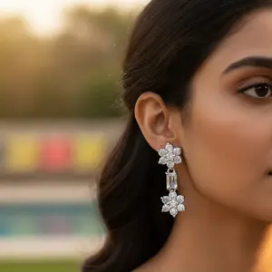 Boucles d'oreilles pendantes en argent pour femmes avec zircone cubique, design classique tendance pour les fêtes, fabriquées en cuivre et en laiton - Product Image 3