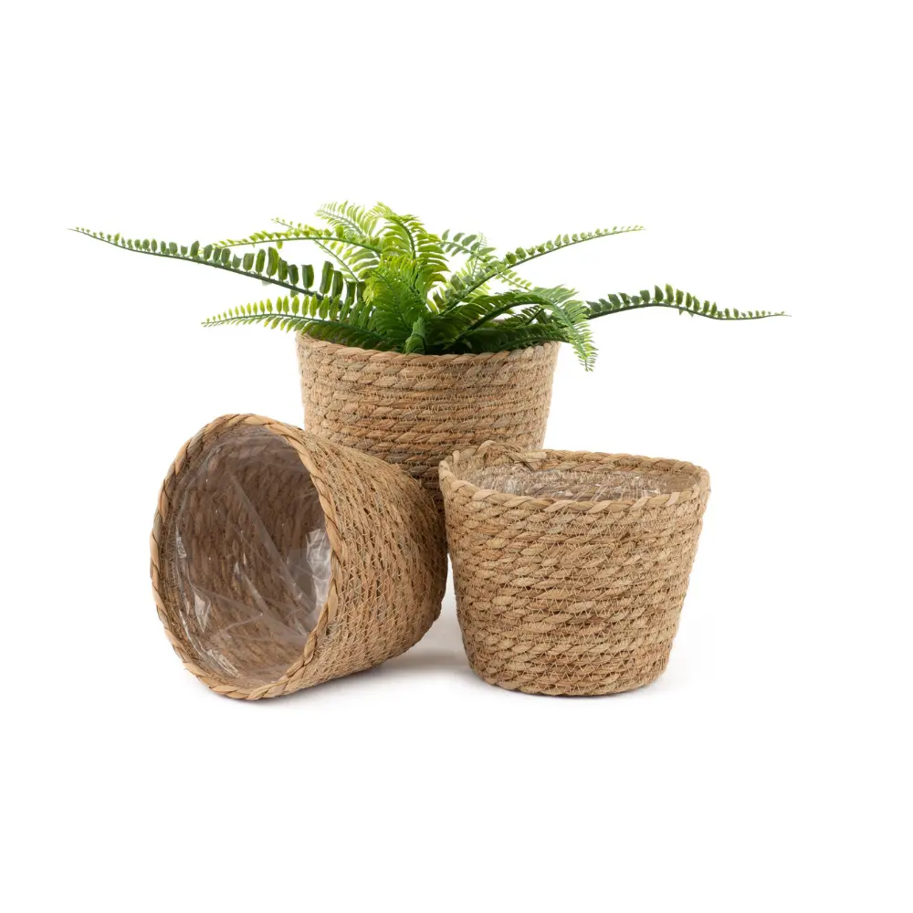 Seagrass Planter Cover with plastic liner Handmade Woven Seagrass Flower Pots cover storage Basket for indoor outdoor planter