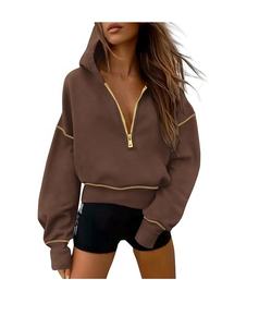 Jersey de invierno de manga larga personalizado para mujer, Sudadera con capucha recortada con media cremallera y logotipo de tela tejida estampado estilo Streetwear en la parte delantera - Product Image 4