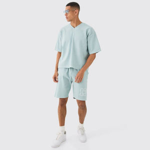 Tasa de fábrica, nuevo logotipo personalizado, camiseta de manga corta lavada acanalada de peso pesado y conjunto corto, ropa deportiva fina de secado rápido para hombre - Product Image 1