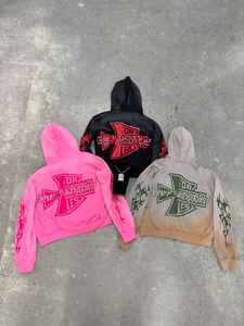 Ropa de hombre con diamantes de imitación de peso pesado, ropa de calle, Sudadera con capucha de lavado ácido de Hip Hop para hombres, fabricante personalizado, sudaderas con capucha de algodón con cremallera - Product Image 4