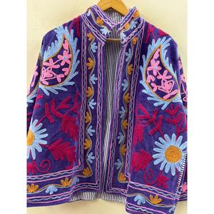 Chaqueta de Terciopelo Violeta Real The Violet Garden, Talla Grande, Bordada a Mano con Estilo Suzani, Estilo Universitario y Bohemio para Primavera y Otoño - Product Image 1