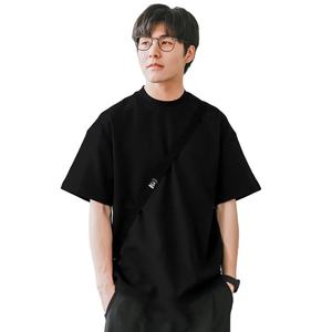 T-shirt manches courtes décontracté en coton pour homme 350gsm couleur unie Logo sur le devant Collection printemps été - Product Image 4