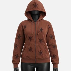 Sudadera con capucha y cremallera completa para mujer, estampado integral, forro polar, ajuste ceñido, color marrón, estilo urbano, antiarrugas, transpirable - Product Image 5