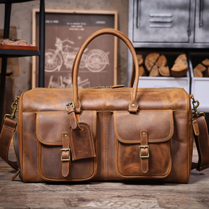 Genuine Leather Foldable Portable Weekender <b>Duffel</b> <b>Bag</b> with Zipper Closure Large Capacity Front Pockets for Travel - Product Image 1