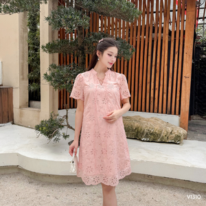 Soft and Comfortable Pink Floral Embroidered Maternity Dress No Fading V1310 - Product Image 4