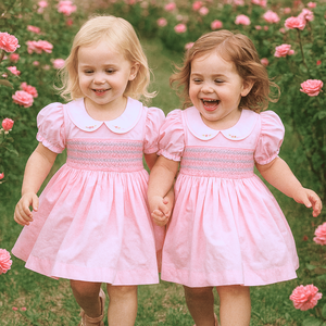Vestidos Smocked para Niñas, Ropa Infantil, Cuello Smocked Floral Blanco Clásico, Ropa de Lujo Vietnamita para Niñas, OEM - Product Image 3