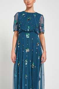 Robe perlée A-Line Tea-Length avec motif floral col rond demi-manche pour bal de promo mariage ou cocktails rassemblements - Product Image 3