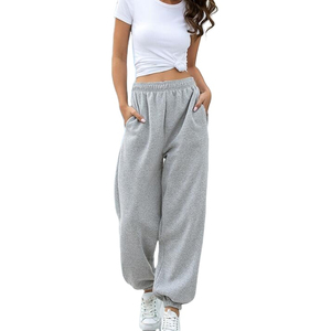 Women's Gray Harem Pants Casual Loose Fit Elastic Waist Full Length Cotton Jogger Trousers With Pockets Spring Style - Product Image 1
