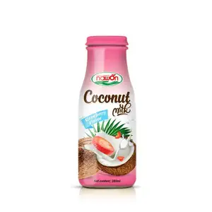 Sabores de leite de côco e morango em 250ml, frasco de vidro com leite de côco e nata de coco