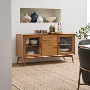 Aparador Helsey de Estilo Mid-Century con Vidrio y Madera de Teca Sólida, con 3 Cajones, 2 Puertas y Acabado Marrón Natural - Product Image 2