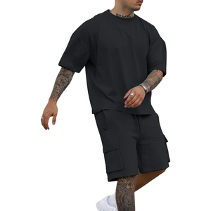 Custom Men Short Set Black Oversized T Shirt Cargo Shorts Heavyweight Summer Casual 2 Piece Suit - Product Image 1