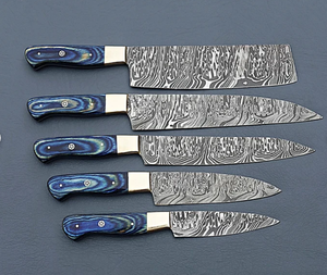 Juego de cuchillos de cocina de acero de Damasco de 5 piezas hechos a mano, Funda de cuero puro, incluye cuchillo de chef, pan, bistec, fruta, acero al carbono - Product Image 1
