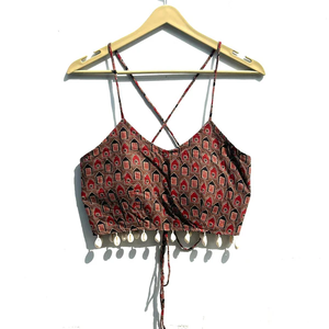 เสื้อคอตตอนสีน้ำตาลสำหรับเสื้อถักไขว้ Navratri มีความยาวสั้นกลวงออกและพู่ - Product Image 1