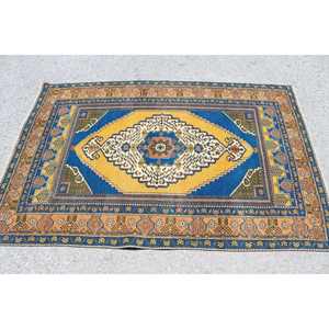 Tapis d'appoint vintage 3,8x5,7 pieds, tapis en laine patchwork bleu turc - Product Image 2