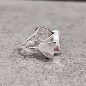 Exporter des bijoux en pierre brute Bague pour femme Quartz rose brut naturel Pierre précieuse Pierre de naissance d'avril Triple pierre Bague en argent sterling 925 - Product Image 4