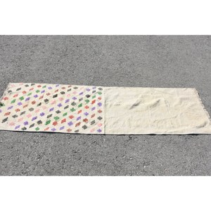 Alfombra étnica de lana blanca, Alfombra de pasillo rectangular turca de 2x6, 7 pies, decoración para sala de estar con diseño de retazos y respaldo de látex - Product Image 3