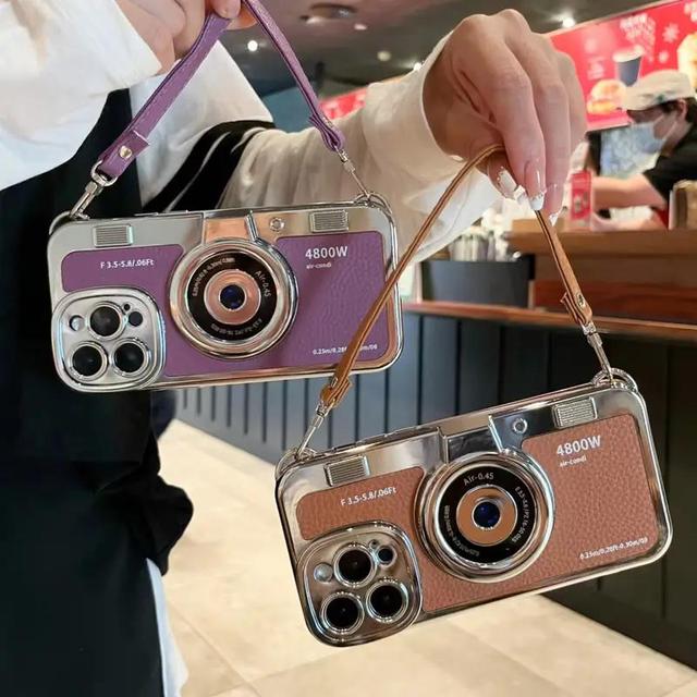 Creative Luxury 3D Retro Camera Phone Case for iPhone 15 14 13 12 Pro Max 14 15 Plus Cute Soft TPU Phone Case Lanyard Back Cover