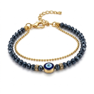 Bracciale Turco con Perla Nazar in Vetro Blu, Placcato Oro 18K, Cristallo <span class=keywords><strong>di</strong></span> <span class=keywords><strong>Ematite</strong></span>, Doppio Strato <span class=keywords><strong>di</strong></span> Perline, Charm per Donne - Product Image 1