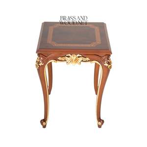 Mesa Auxiliar Cuadrada de Lujo con Incrustaciones de Marquetería con Motivo Griego y Adornos de Follaje en Latón Dorado para Decoración Clásica de Esquinas del Hogar - Product Image 1